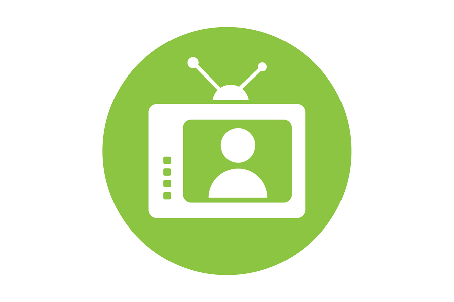  White graphic of a TV set on a green background.