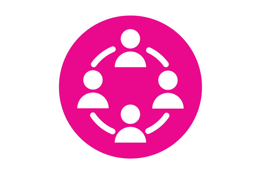 A round pink circle with four white person icons connected by circular lines