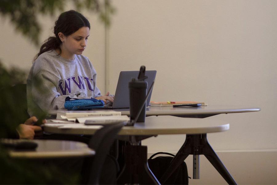 A person works on a laptop.